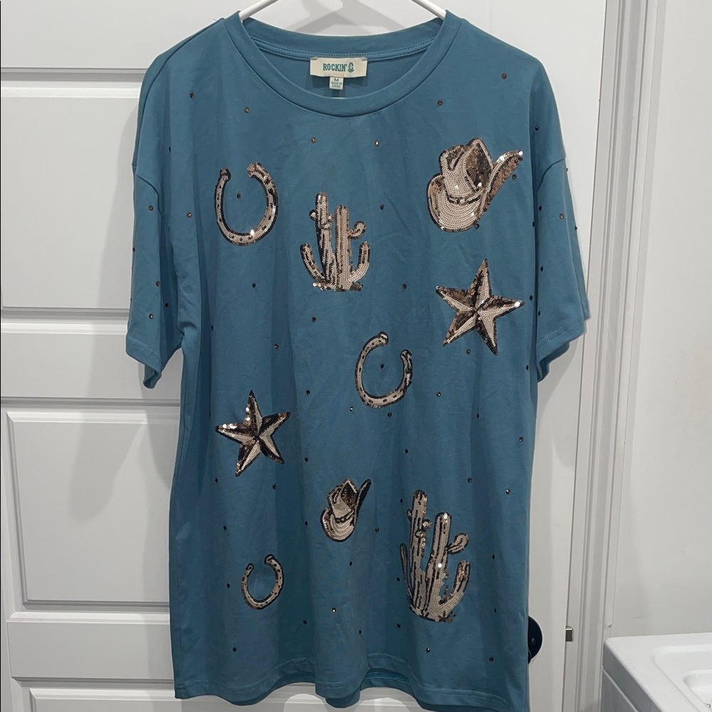 Blue Graphic T-Shirt with Western sequin embellishments